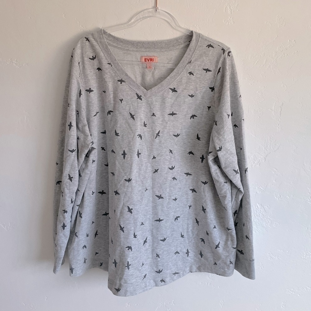 EVRI pullover sweater tee grey birds 1X